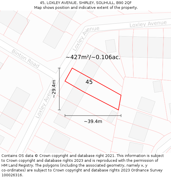 45, LOXLEY AVENUE, SHIRLEY, SOLIHULL, B90 2QF: Plot and title map