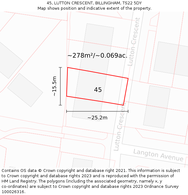 45, LUTTON CRESCENT, BILLINGHAM, TS22 5DY: Plot and title map