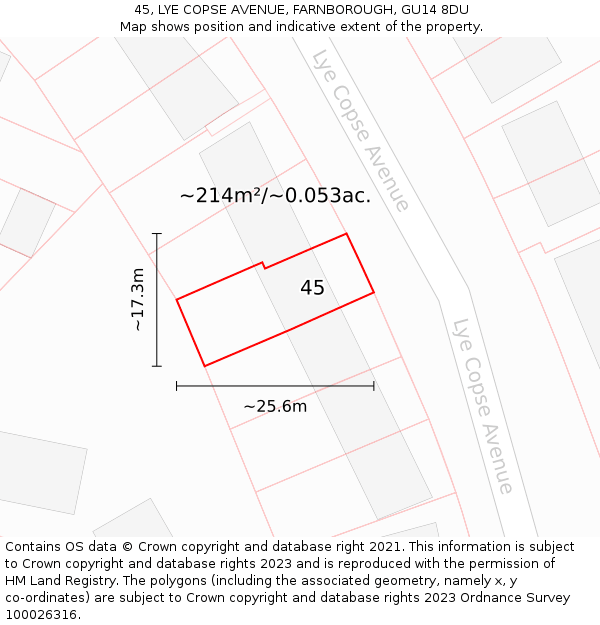 45, LYE COPSE AVENUE, FARNBOROUGH, GU14 8DU: Plot and title map