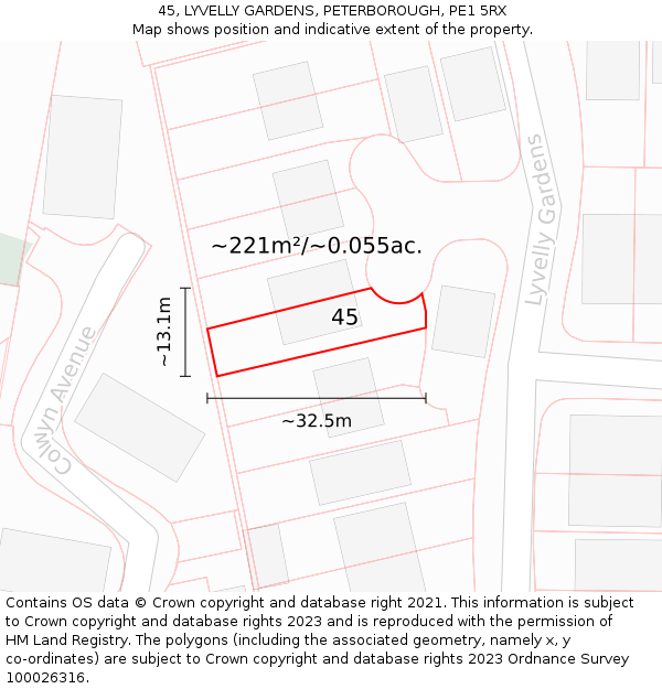 45, LYVELLY GARDENS, PETERBOROUGH, PE1 5RX: Plot and title map