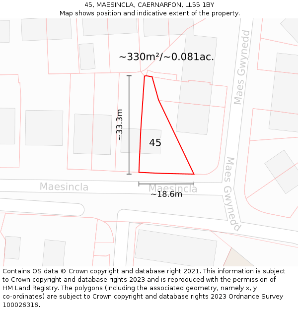 45, MAESINCLA, CAERNARFON, LL55 1BY: Plot and title map