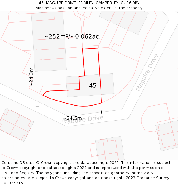 45, MAGUIRE DRIVE, FRIMLEY, CAMBERLEY, GU16 9RY: Plot and title map