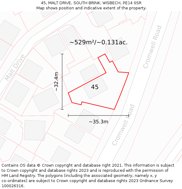 45, MALT DRIVE, SOUTH BRINK, WISBECH, PE14 0SR: Plot and title map