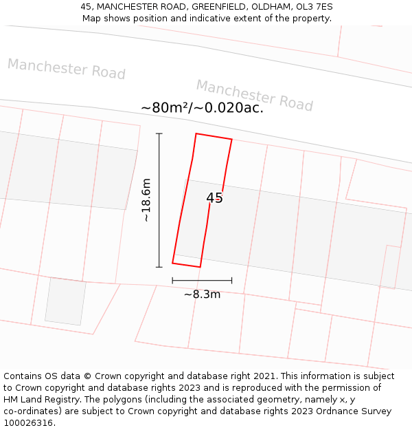 45, MANCHESTER ROAD, GREENFIELD, OLDHAM, OL3 7ES: Plot and title map