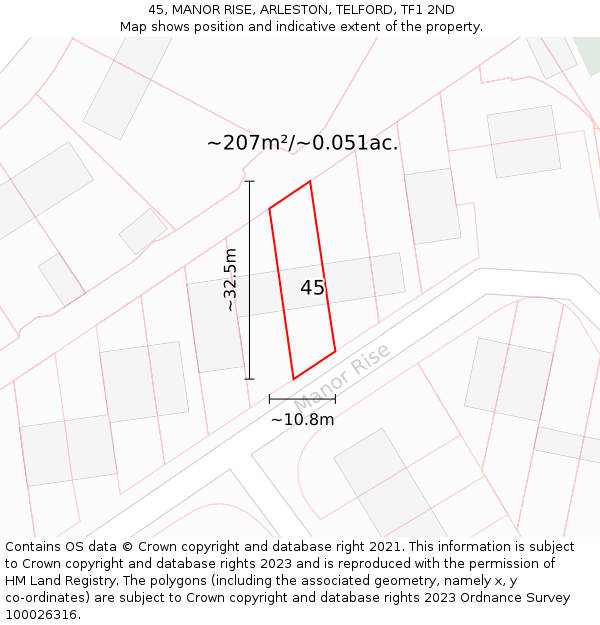 45, MANOR RISE, ARLESTON, TELFORD, TF1 2ND: Plot and title map