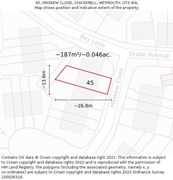 45, MASKEW CLOSE, CHICKERELL, WEYMOUTH, DT3 4NL: Plot and title map