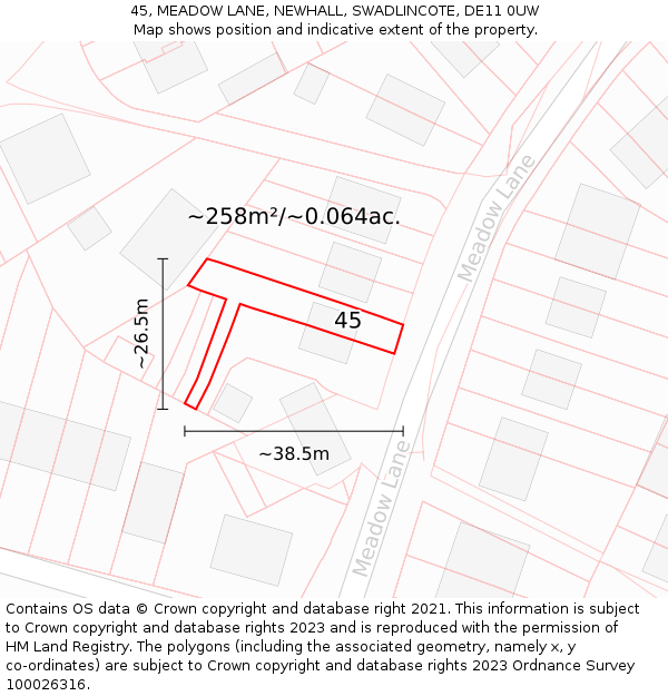 45, MEADOW LANE, NEWHALL, SWADLINCOTE, DE11 0UW: Plot and title map