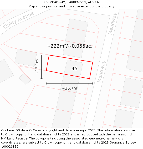 45, MEADWAY, HARPENDEN, AL5 1JN: Plot and title map