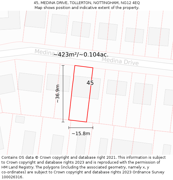 45, MEDINA DRIVE, TOLLERTON, NOTTINGHAM, NG12 4EQ: Plot and title map