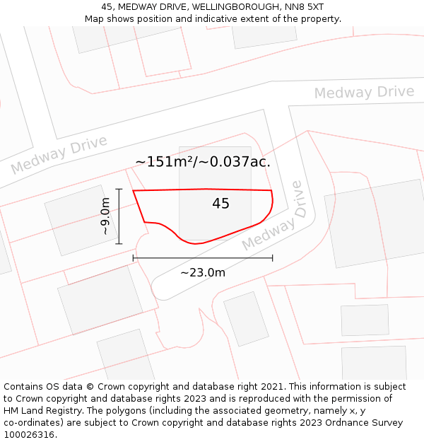 45, MEDWAY DRIVE, WELLINGBOROUGH, NN8 5XT: Plot and title map