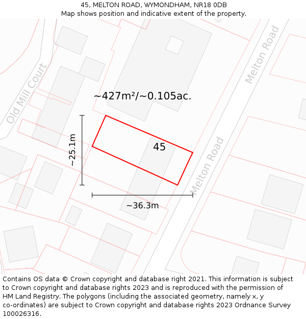 45, MELTON ROAD, WYMONDHAM, NR18 0DB: Plot and title map