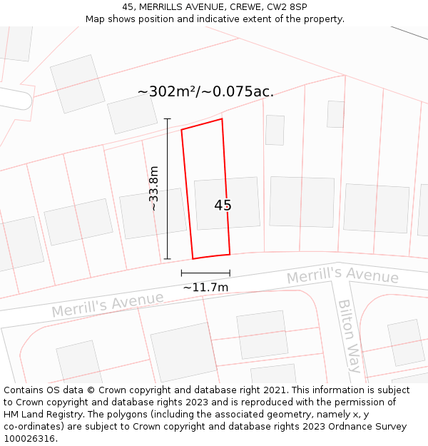 45, MERRILLS AVENUE, CREWE, CW2 8SP: Plot and title map