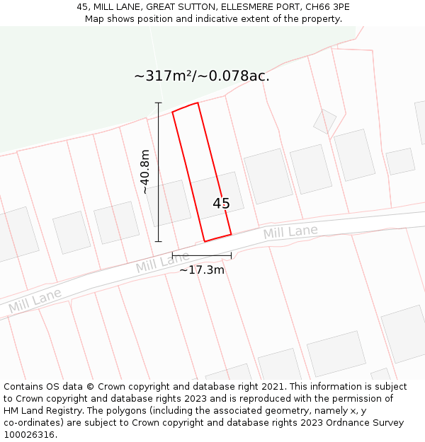 45, MILL LANE, GREAT SUTTON, ELLESMERE PORT, CH66 3PE: Plot and title map