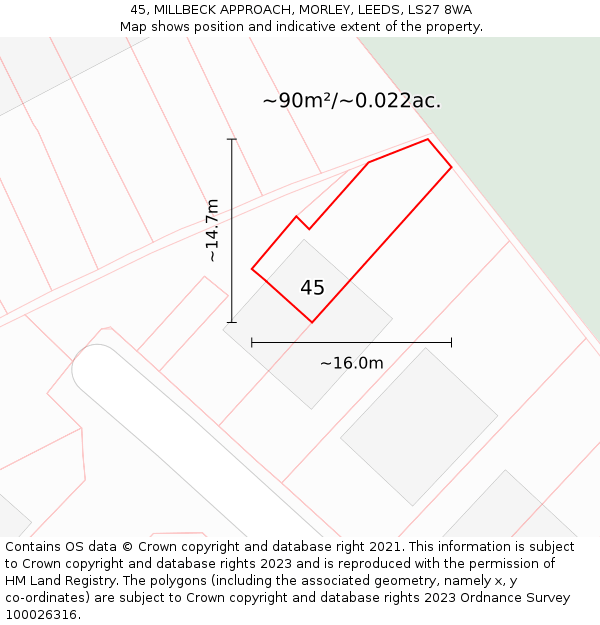 45, MILLBECK APPROACH, MORLEY, LEEDS, LS27 8WA: Plot and title map