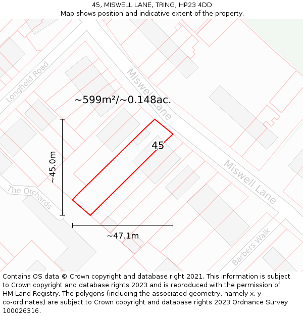 45, MISWELL LANE, TRING, HP23 4DD: Plot and title map