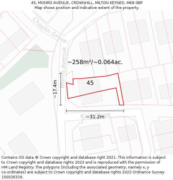 45, MONRO AVENUE, CROWNHILL, MILTON KEYNES, MK8 0BP: Plot and title map