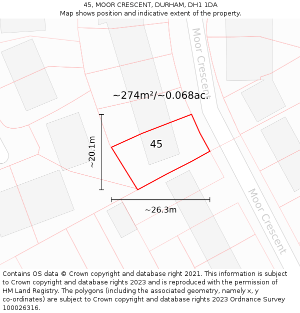 45, MOOR CRESCENT, DURHAM, DH1 1DA: Plot and title map