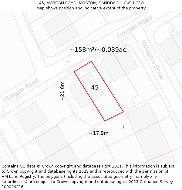 45, MORGAN ROAD, MOSTON, SANDBACH, CW11 3EQ: Plot and title map