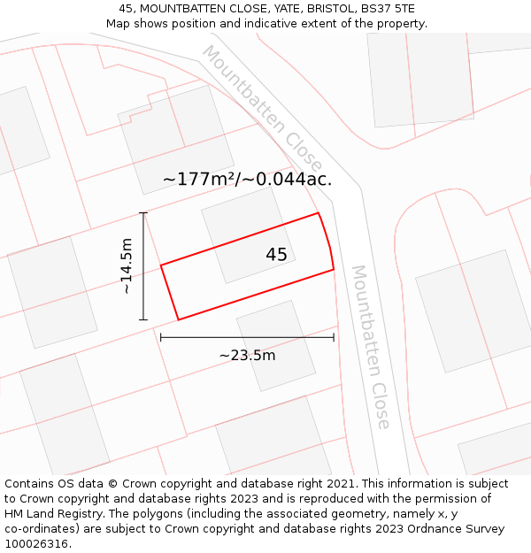 45, MOUNTBATTEN CLOSE, YATE, BRISTOL, BS37 5TE: Plot and title map