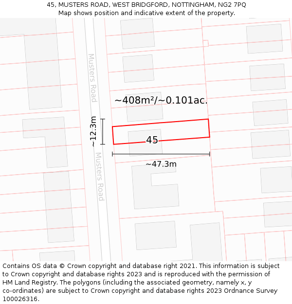 45, MUSTERS ROAD, WEST BRIDGFORD, NOTTINGHAM, NG2 7PQ: Plot and title map