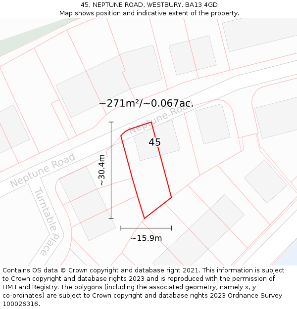 45, NEPTUNE ROAD, WESTBURY, BA13 4GD: Plot and title map