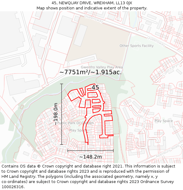 45, NEWQUAY DRIVE, WREXHAM, LL13 0JX: Plot and title map