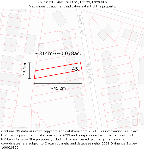 45, NORTH LANE, OULTON, LEEDS, LS26 8TQ: Plot and title map