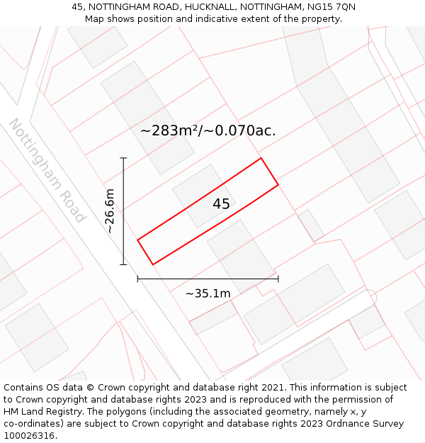 45, NOTTINGHAM ROAD, HUCKNALL, NOTTINGHAM, NG15 7QN: Plot and title map
