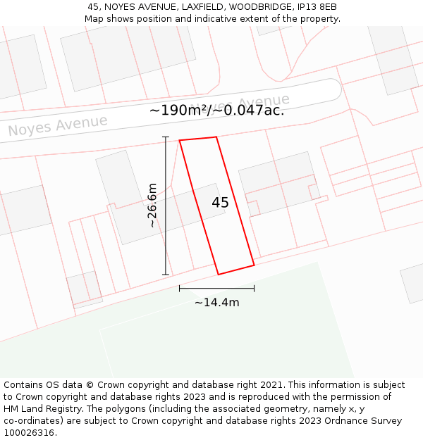 45, NOYES AVENUE, LAXFIELD, WOODBRIDGE, IP13 8EB: Plot and title map