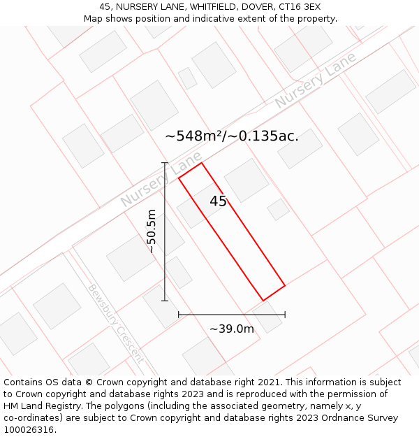 45, NURSERY LANE, WHITFIELD, DOVER, CT16 3EX: Plot and title map