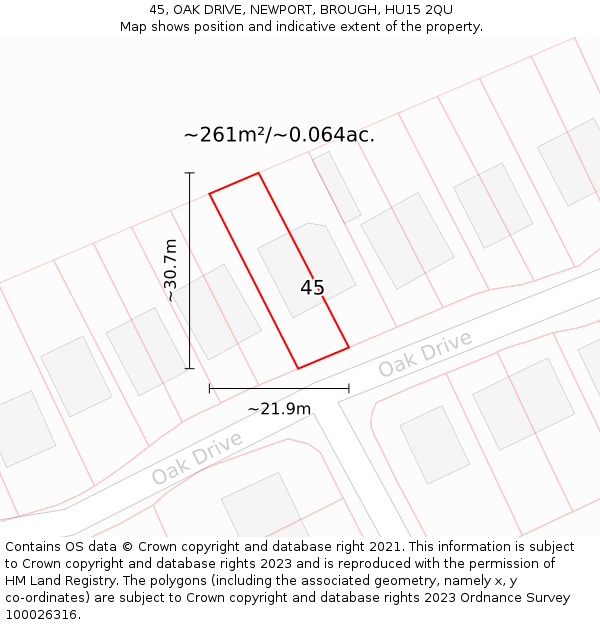 45, OAK DRIVE, NEWPORT, BROUGH, HU15 2QU: Plot and title map