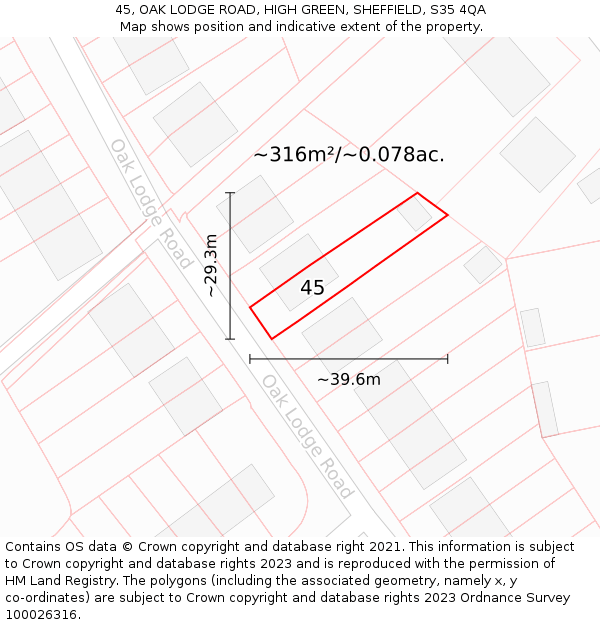 45, OAK LODGE ROAD, HIGH GREEN, SHEFFIELD, S35 4QA: Plot and title map