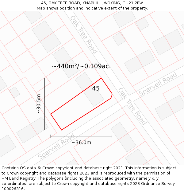 45, OAK TREE ROAD, KNAPHILL, WOKING, GU21 2RW: Plot and title map