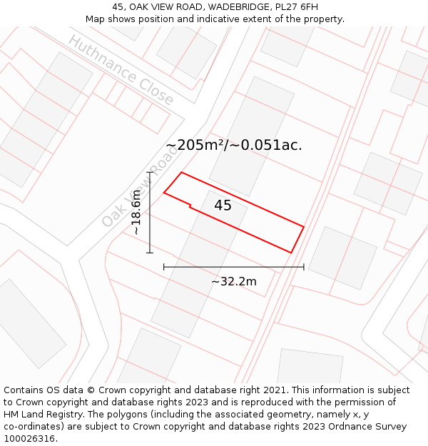 45, OAK VIEW ROAD, WADEBRIDGE, PL27 6FH: Plot and title map