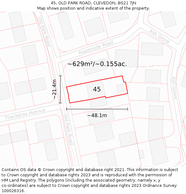 45, OLD PARK ROAD, CLEVEDON, BS21 7JN: Plot and title map