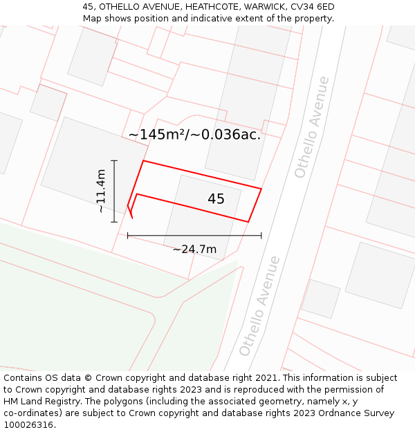 45, OTHELLO AVENUE, HEATHCOTE, WARWICK, CV34 6ED: Plot and title map