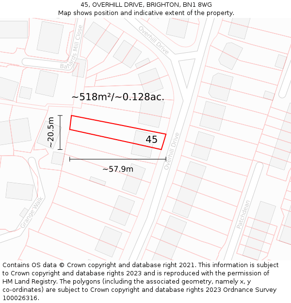 45, OVERHILL DRIVE, BRIGHTON, BN1 8WG: Plot and title map