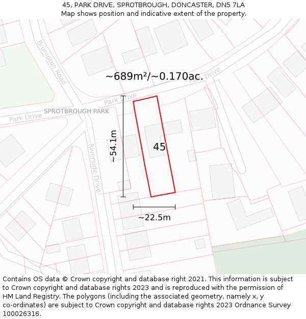 45, PARK DRIVE, SPROTBROUGH, DONCASTER, DN5 7LA: Plot and title map