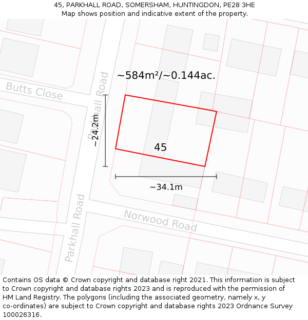 45, PARKHALL ROAD, SOMERSHAM, HUNTINGDON, PE28 3HE: Plot and title map