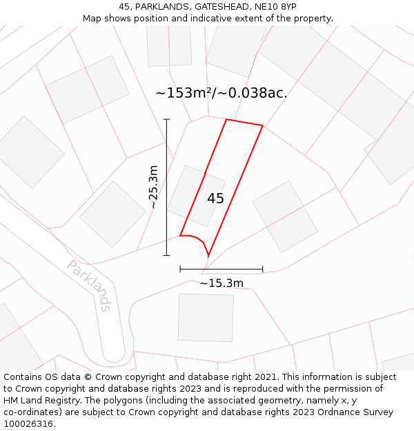 45, PARKLANDS, GATESHEAD, NE10 8YP: Plot and title map