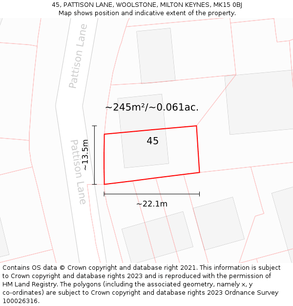 45, PATTISON LANE, WOOLSTONE, MILTON KEYNES, MK15 0BJ: Plot and title map