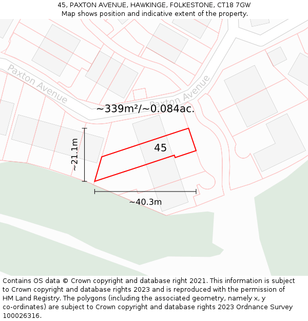 45, PAXTON AVENUE, HAWKINGE, FOLKESTONE, CT18 7GW: Plot and title map