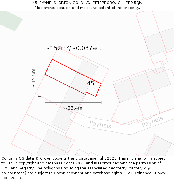 45, PAYNELS, ORTON GOLDHAY, PETERBOROUGH, PE2 5QN: Plot and title map