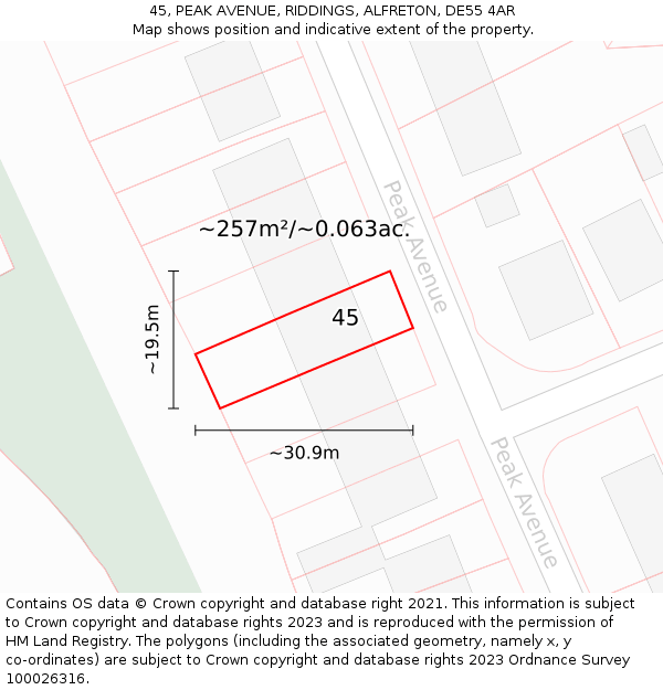 45, PEAK AVENUE, RIDDINGS, ALFRETON, DE55 4AR: Plot and title map