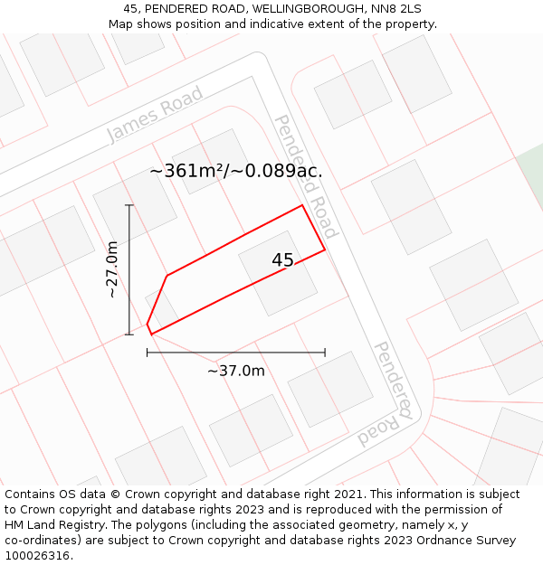 45, PENDERED ROAD, WELLINGBOROUGH, NN8 2LS: Plot and title map