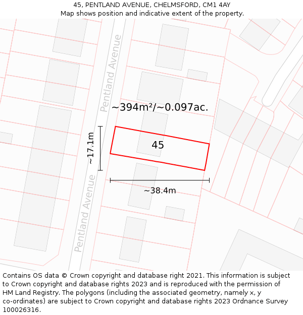 45, PENTLAND AVENUE, CHELMSFORD, CM1 4AY: Plot and title map