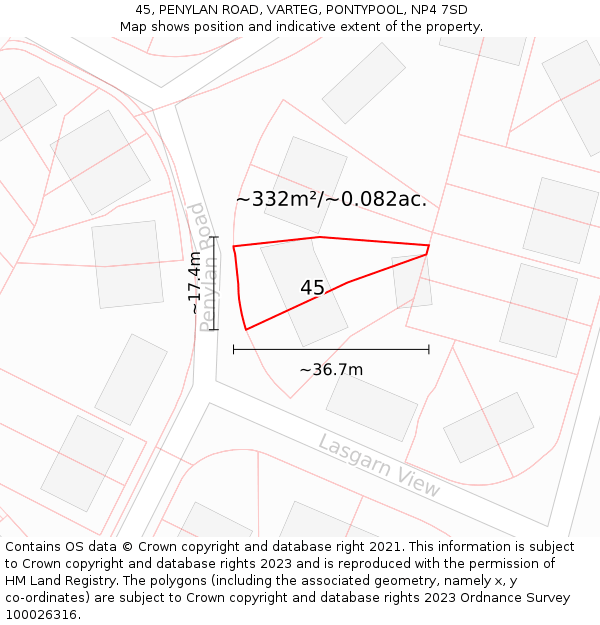 45, PENYLAN ROAD, VARTEG, PONTYPOOL, NP4 7SD: Plot and title map