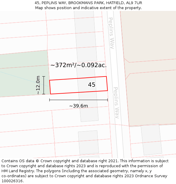 45, PEPLINS WAY, BROOKMANS PARK, HATFIELD, AL9 7UR: Plot and title map