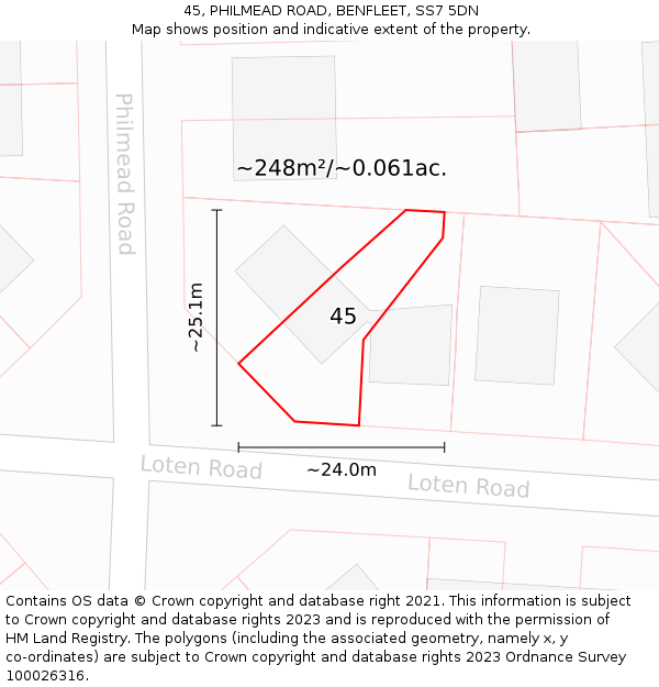 45, PHILMEAD ROAD, BENFLEET, SS7 5DN: Plot and title map