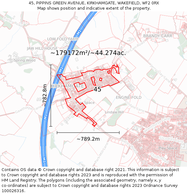 45, PIPPINS GREEN AVENUE, KIRKHAMGATE, WAKEFIELD, WF2 0RX: Plot and title map